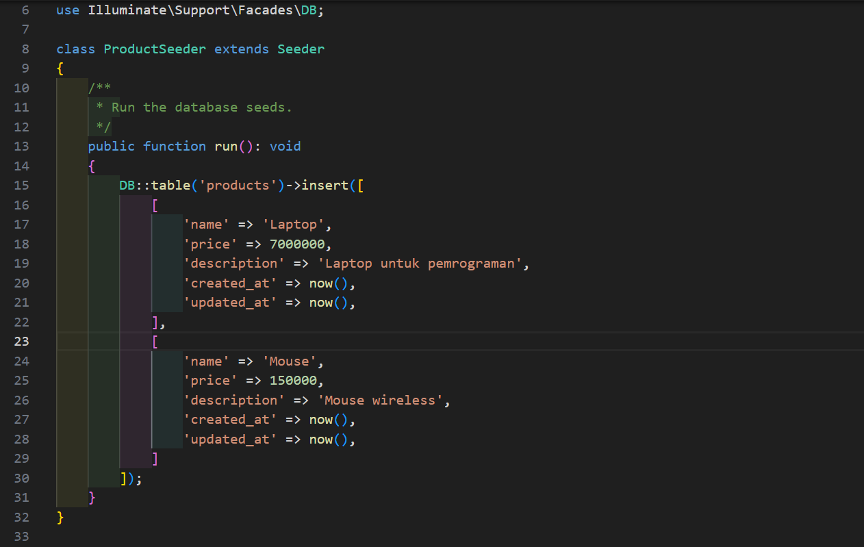 Isi file ProductSeeder.php